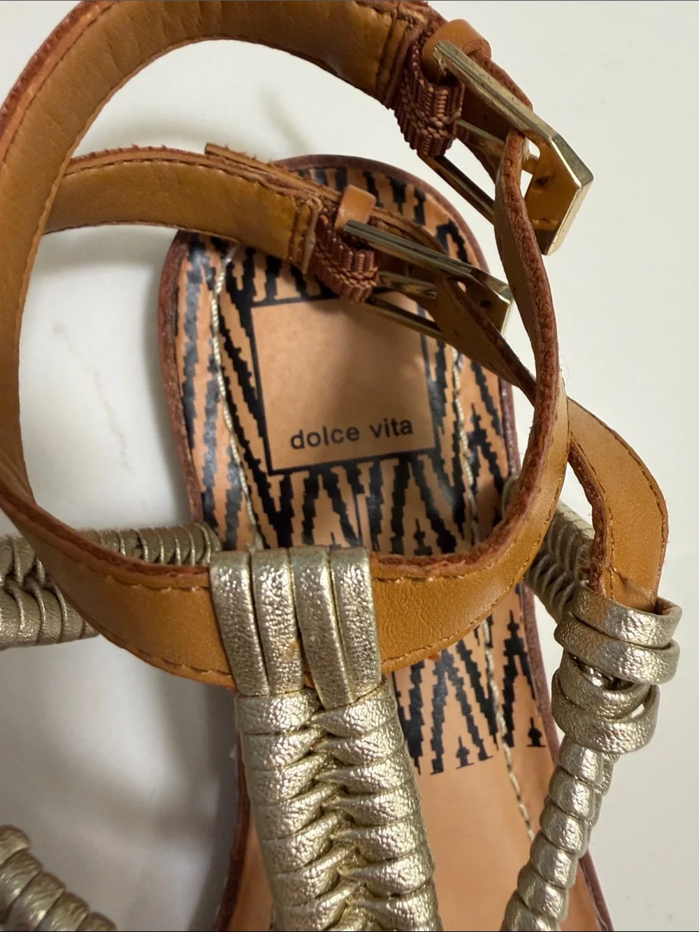 Dolce Vita Braided Metallic T-Strap Brown Sandals - Women's Casual Summer Shoe